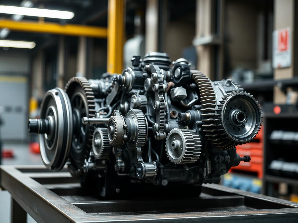 Disassembled transmission on workbench